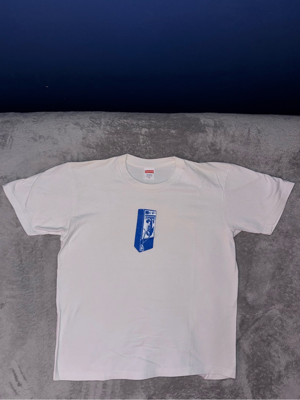 Supreme White Tee with Blue Payphone Graphic